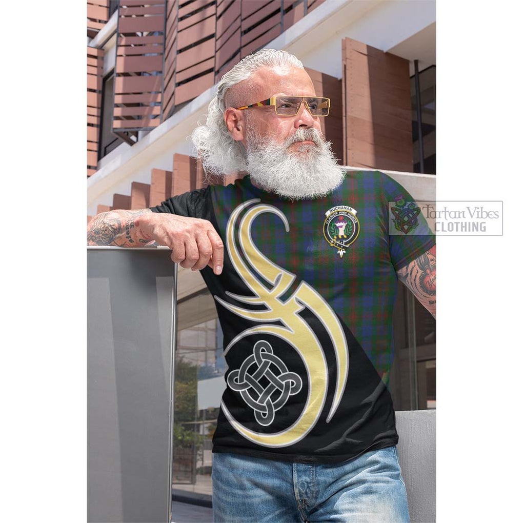 Tartan Vibes Clothing Buchanan Hunting Tartan Cotton T-shirt with Family Crest and Celtic Symbol Style