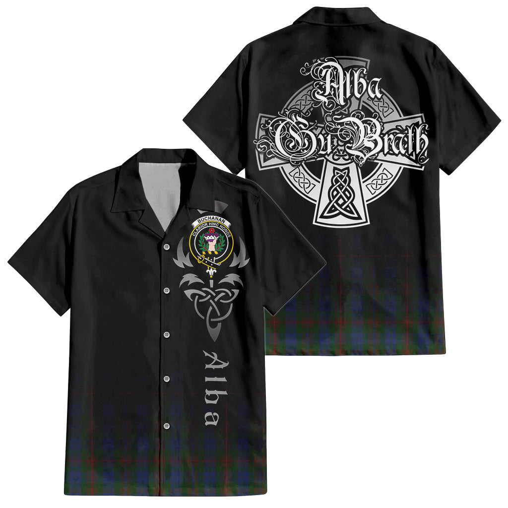 Tartan Vibes Clothing Buchanan Hunting Tartan Short Sleeve Button Up Featuring Alba Gu Brath Family Crest Celtic Inspired