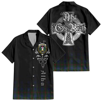 Buchanan Hunting Tartan Short Sleeve Button Up Shirt Featuring Alba Gu Brath Family Crest Celtic Inspired