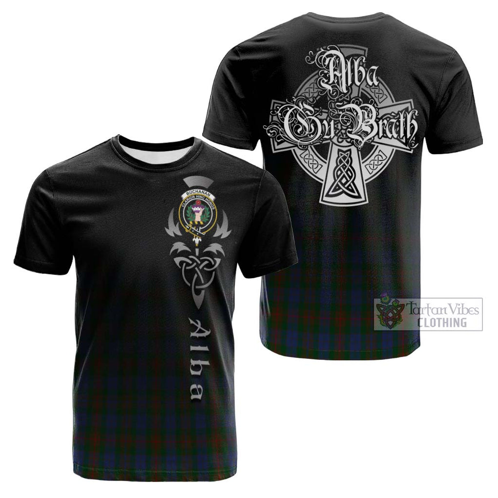 Tartan Vibes Clothing Buchanan Hunting Tartan Cotton T-shirt Featuring Alba Gu Brath Family Crest Celtic Inspired