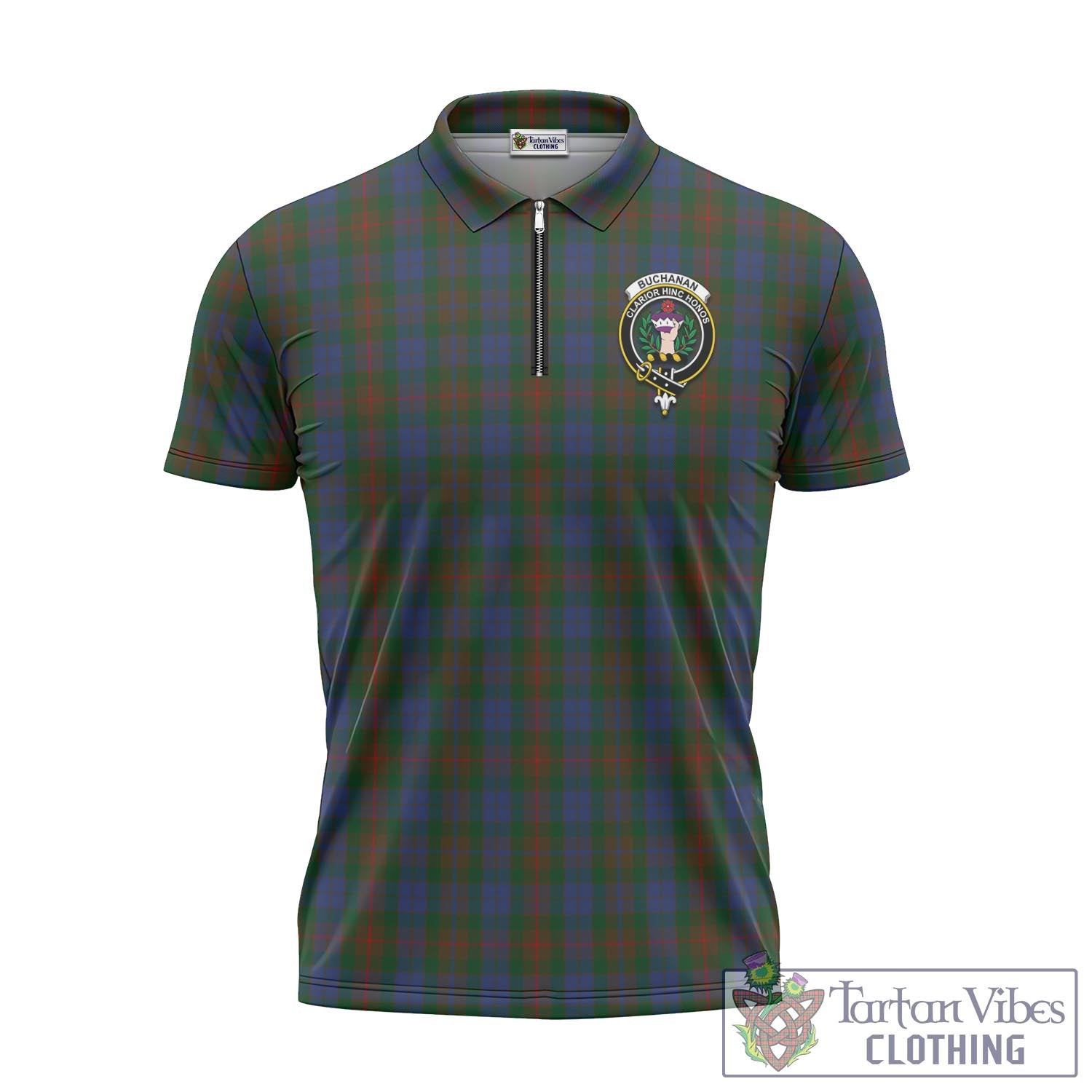 Tartan Vibes Clothing Buchanan Hunting Tartan Zipper Polo Shirt with Family Crest