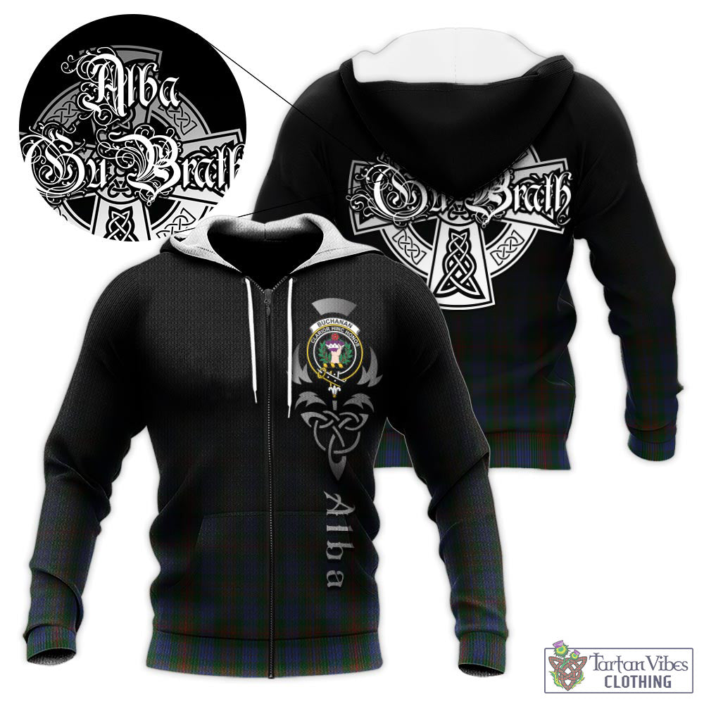 Tartan Vibes Clothing Buchanan Hunting Tartan Knitted Hoodie Featuring Alba Gu Brath Family Crest Celtic Inspired