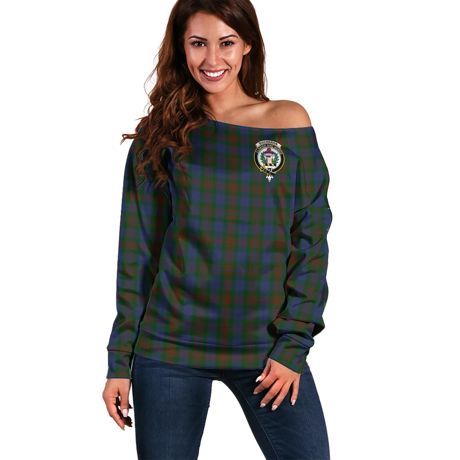 Buchanan Hunting Tartan Off Shoulder Women Sweater with Family Crest Women - Tartanvibesclothing