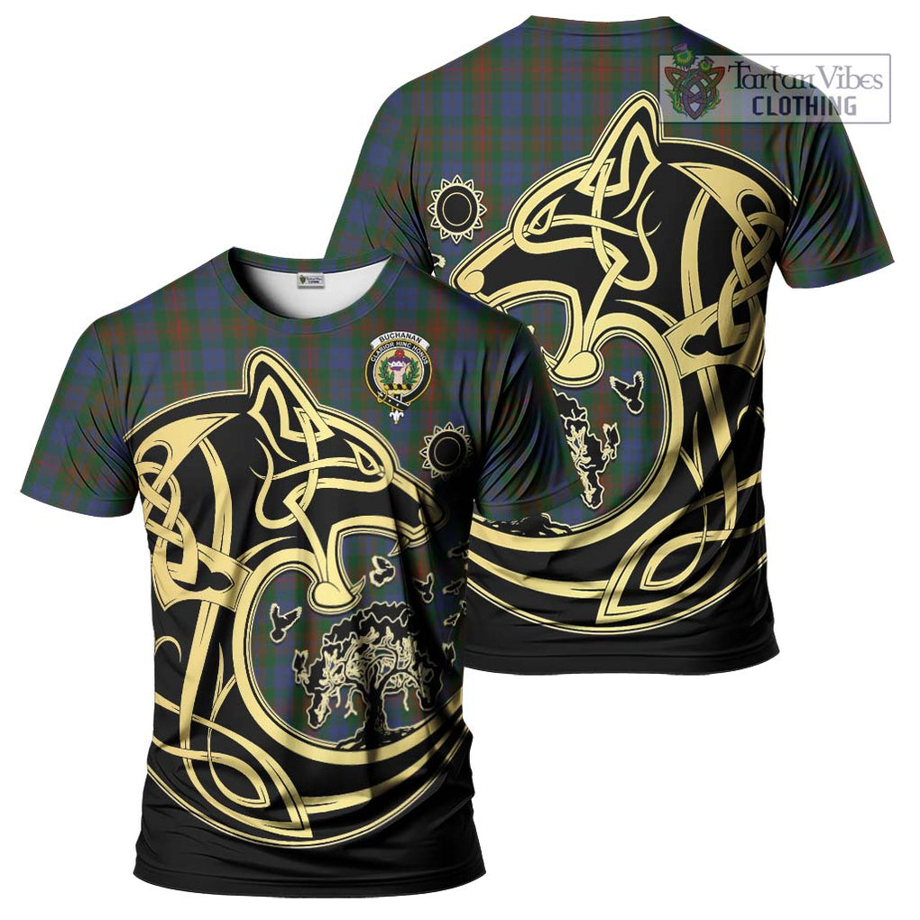 Buchanan Hunting Tartan T-Shirt with Family Crest Celtic Wolf Style Kid's Shirt - Tartan Vibes Clothing