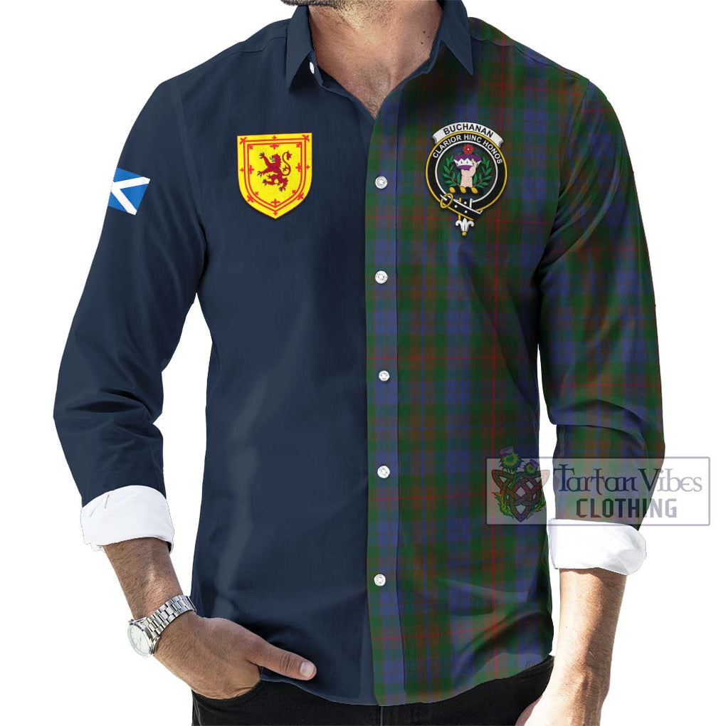 Tartan Vibes Clothing Buchanan Hunting Tartan Long Sleeve Button Shirt with Scottish Lion Royal Arm Half Style