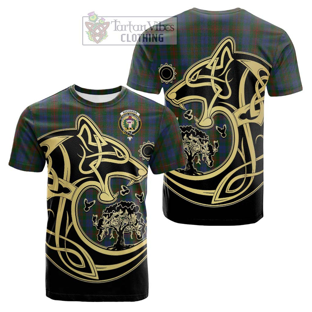 Tartan Vibes Clothing Buchanan Hunting Tartan Cotton T-shirt with Family Crest Celtic Wolf Style