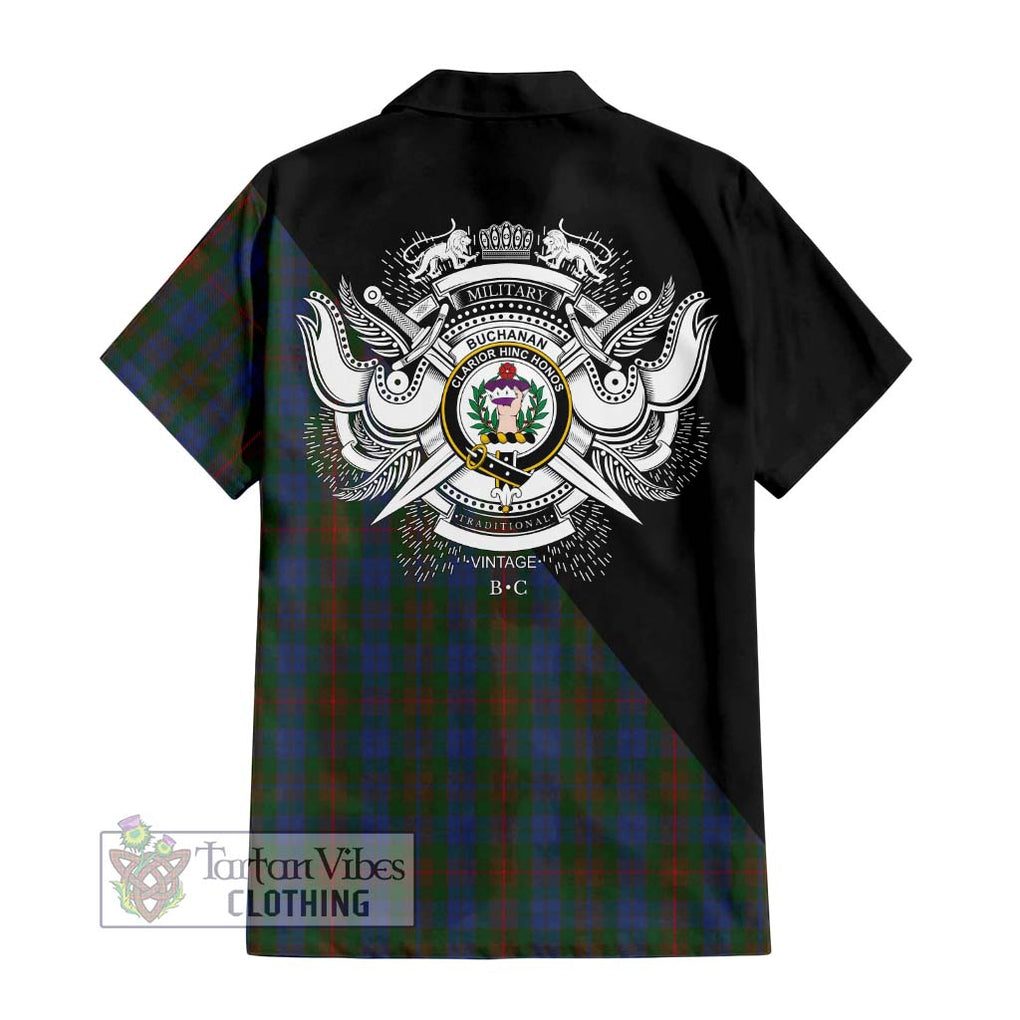 Buchanan Hunting Tartan Short Sleeve Button Shirt with Family Crest and Military Logo Style - Tartanvibesclothing Shop