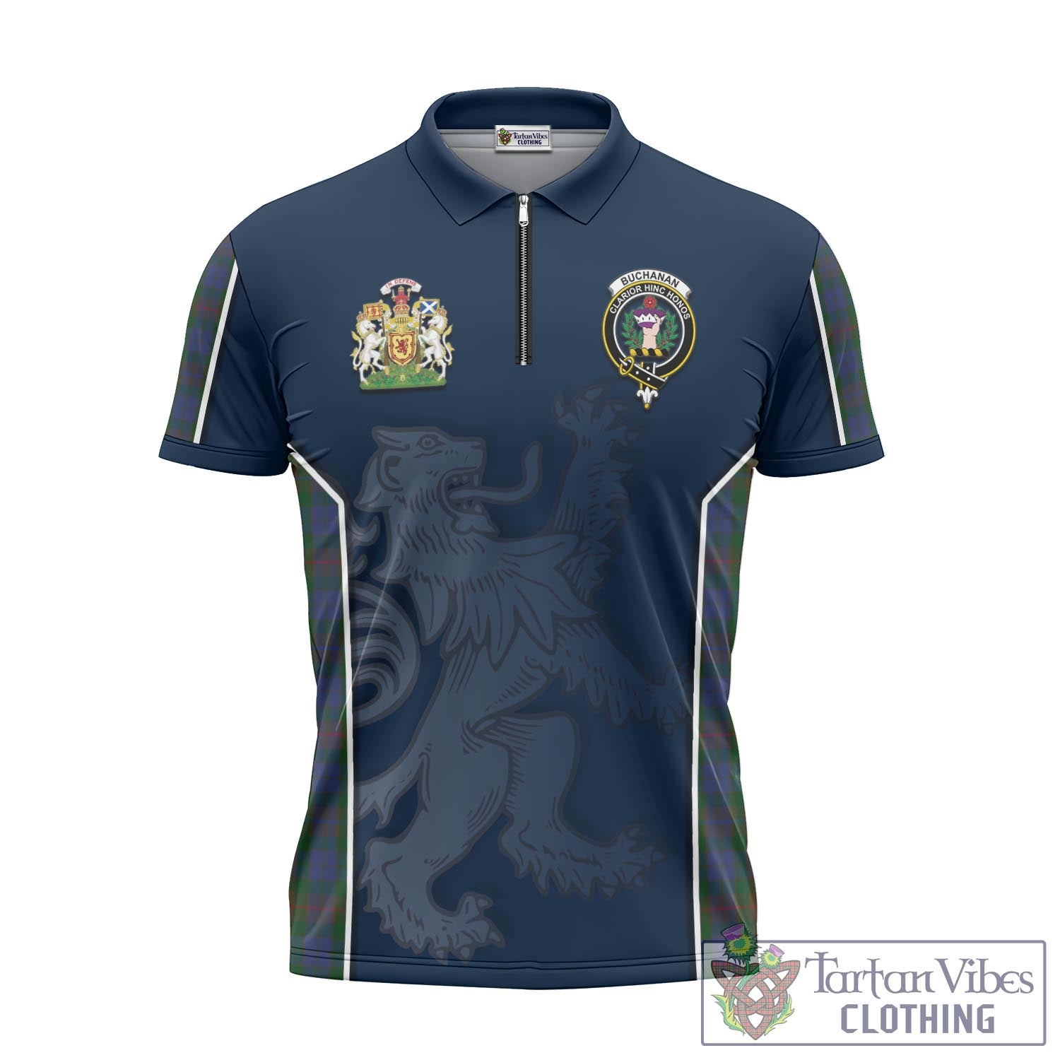 Tartan Vibes Clothing Buchanan Hunting Tartan Zipper Polo Shirt with Family Crest and Lion Rampant Vibes Sport Style