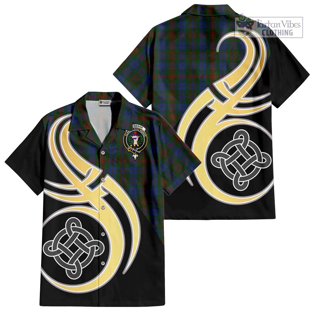 Buchanan Hunting Tartan Short Sleeve Button Shirt with Family Crest and Celtic Symbol Style - Tartan Vibes Clothing