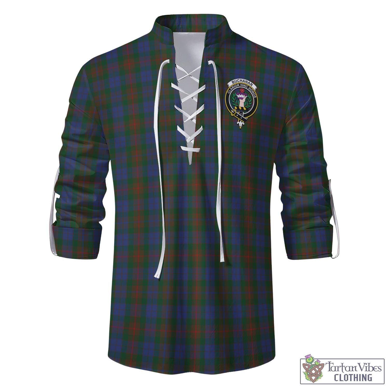 Tartan Vibes Clothing Buchanan Hunting Tartan Men's Scottish Traditional Jacobite Ghillie Kilt Shirt with Family Crest