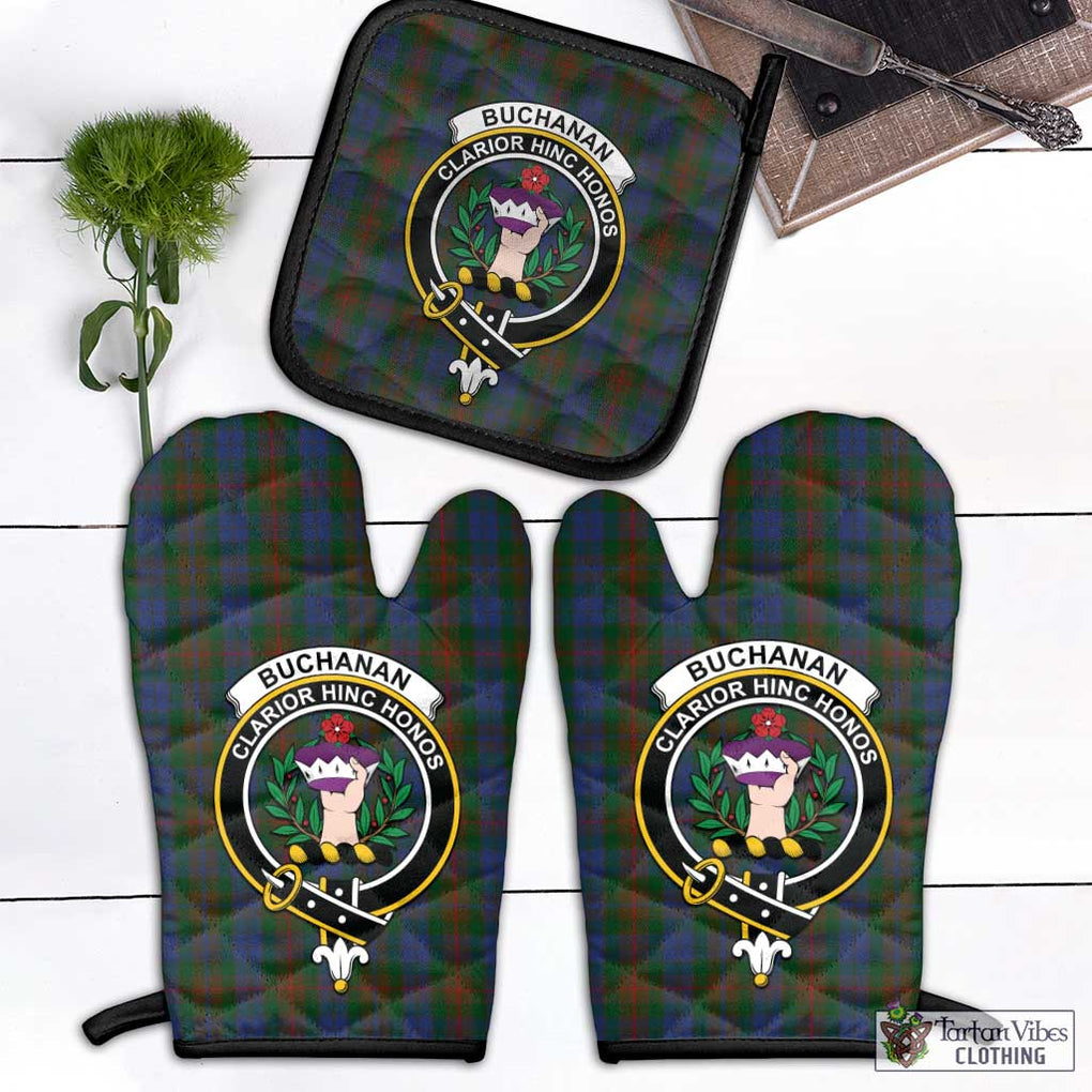 Buchanan Hunting Tartan Combo Oven Mitt & Pot-Holder with Family Crest Combo 1 Oven Mitt & 1 Pot-Holder Black - Tartan Vibes Clothing