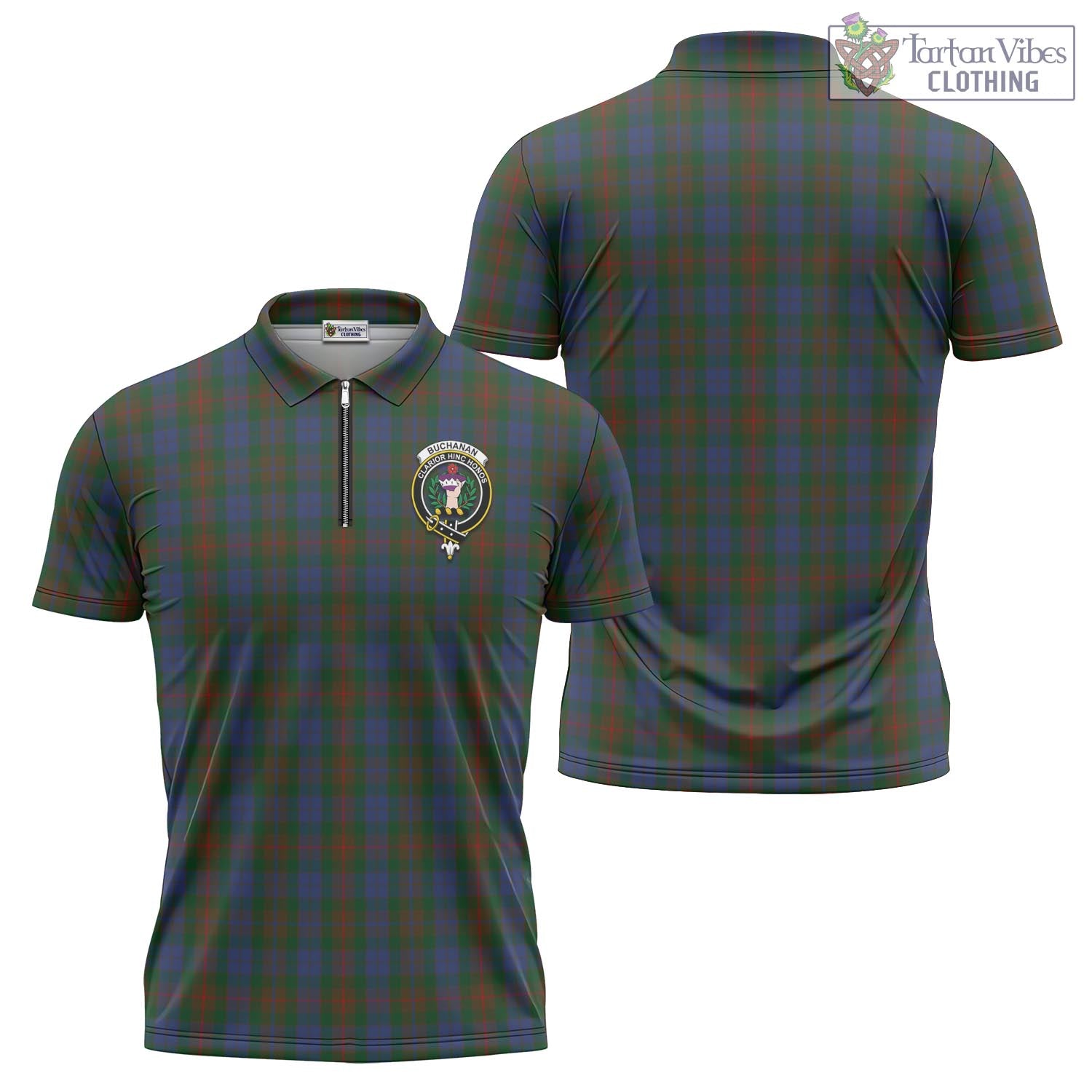 Tartan Vibes Clothing Buchanan Hunting Tartan Zipper Polo Shirt with Family Crest