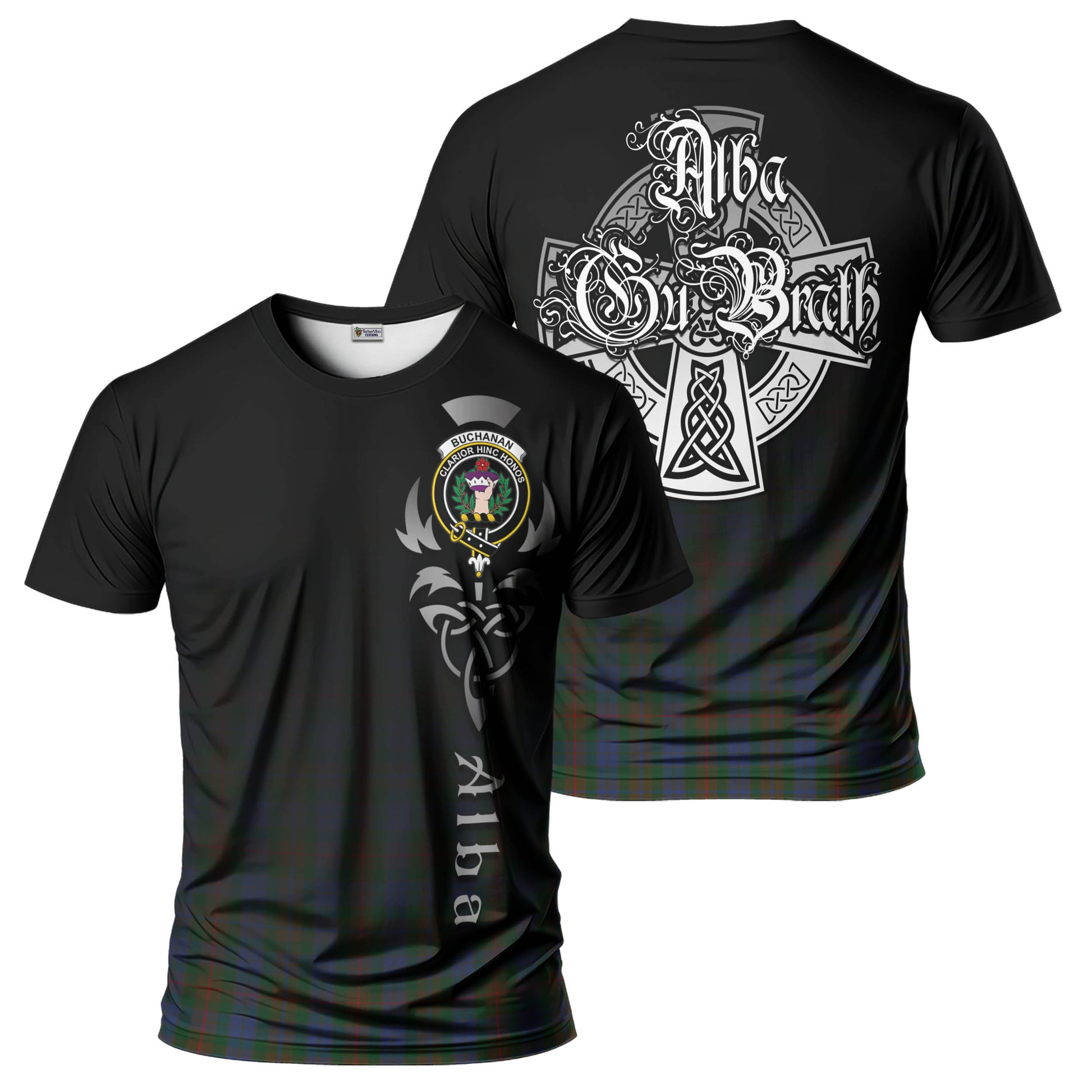 Tartan Vibes Clothing Buchanan Hunting Tartan T-Shirt Featuring Alba Gu Brath Family Crest Celtic Inspired