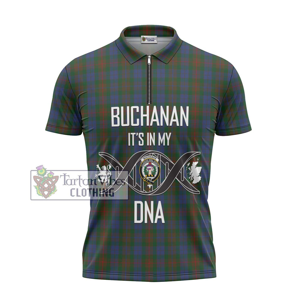 Buchanan Hunting Tartan Zipper Polo Shirt with Family Crest DNA In Me Style - Tartanvibesclothing Shop