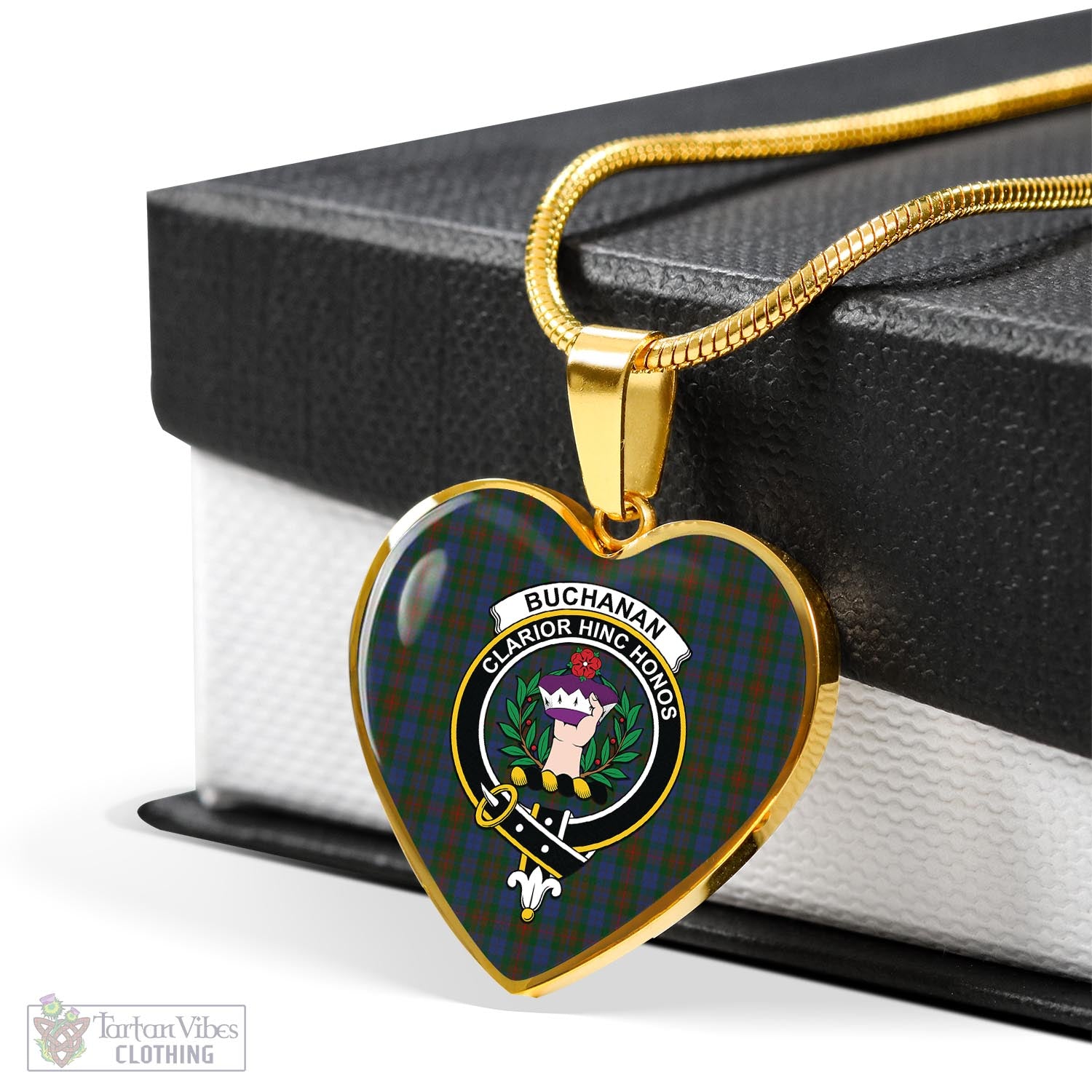 Tartan Vibes Clothing Buchanan Hunting Tartan Heart Necklace with Family Crest