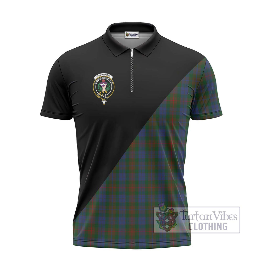 Buchanan Hunting Tartan Zipper Polo Shirt with Family Crest and Military Logo Style - Tartanvibesclothing Shop