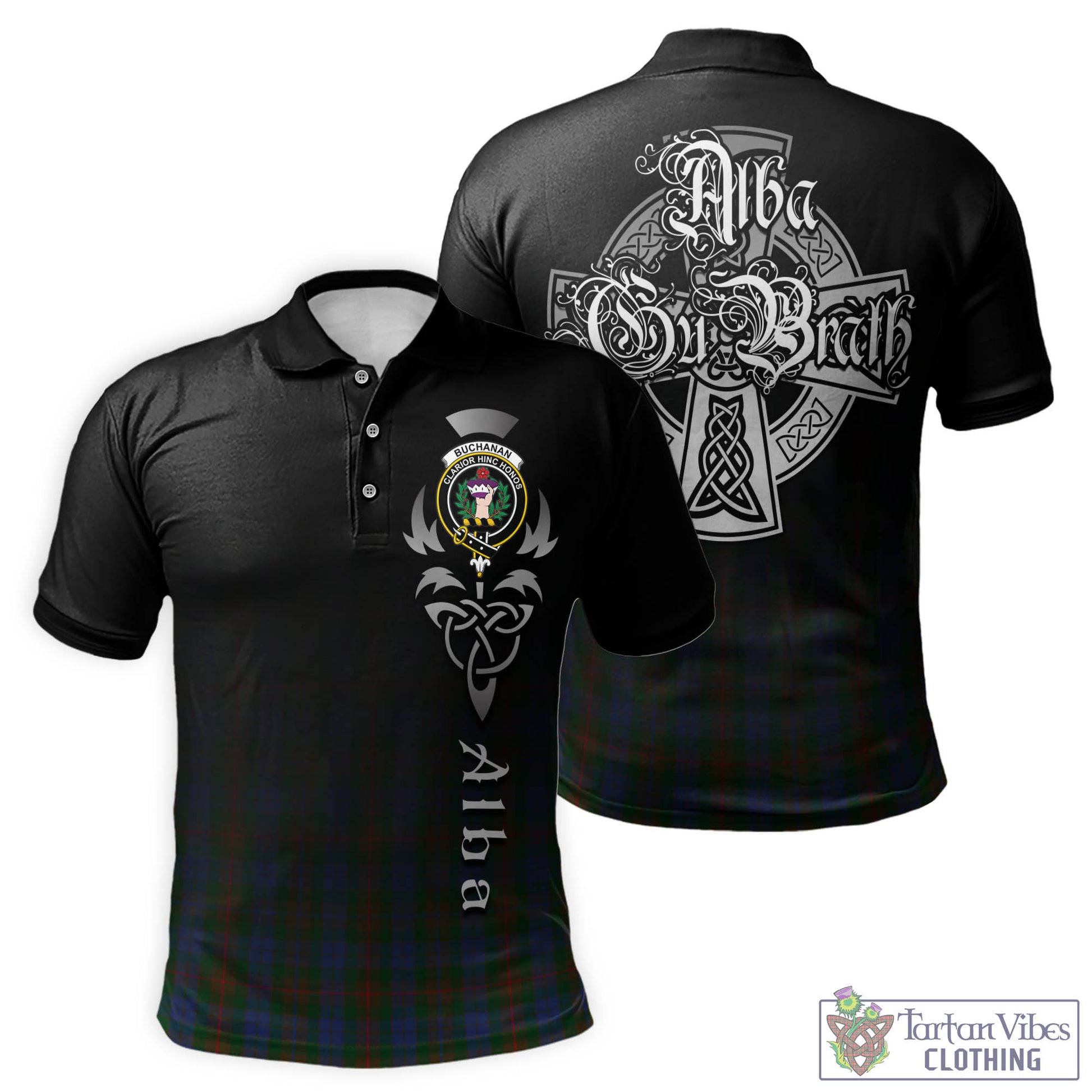 Tartan Vibes Clothing Buchanan Hunting Tartan Polo Shirt Featuring Alba Gu Brath Family Crest Celtic Inspired