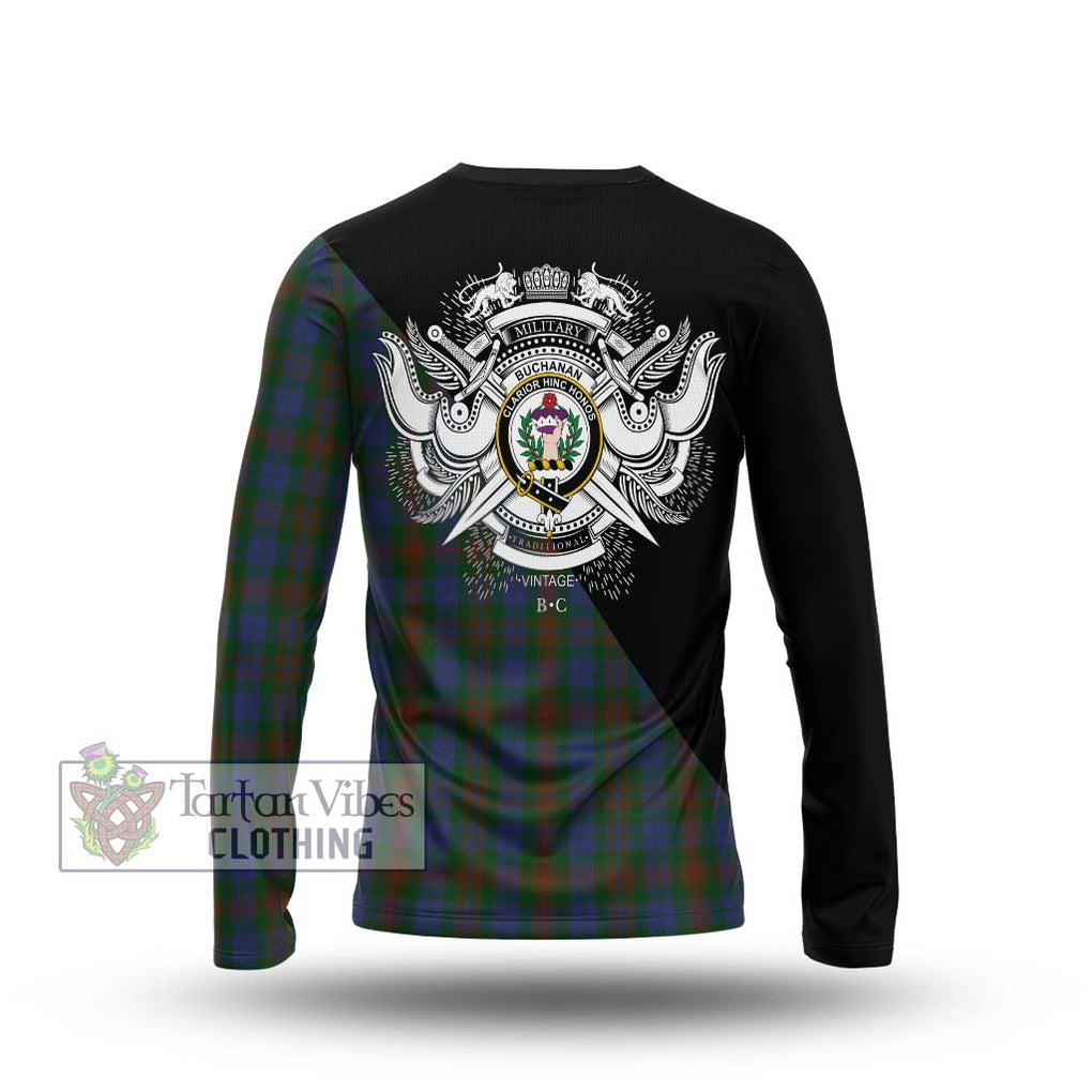 Buchanan Hunting Tartan Long Sleeve T-Shirt with Family Crest and Military Logo Style - Tartanvibesclothing Shop