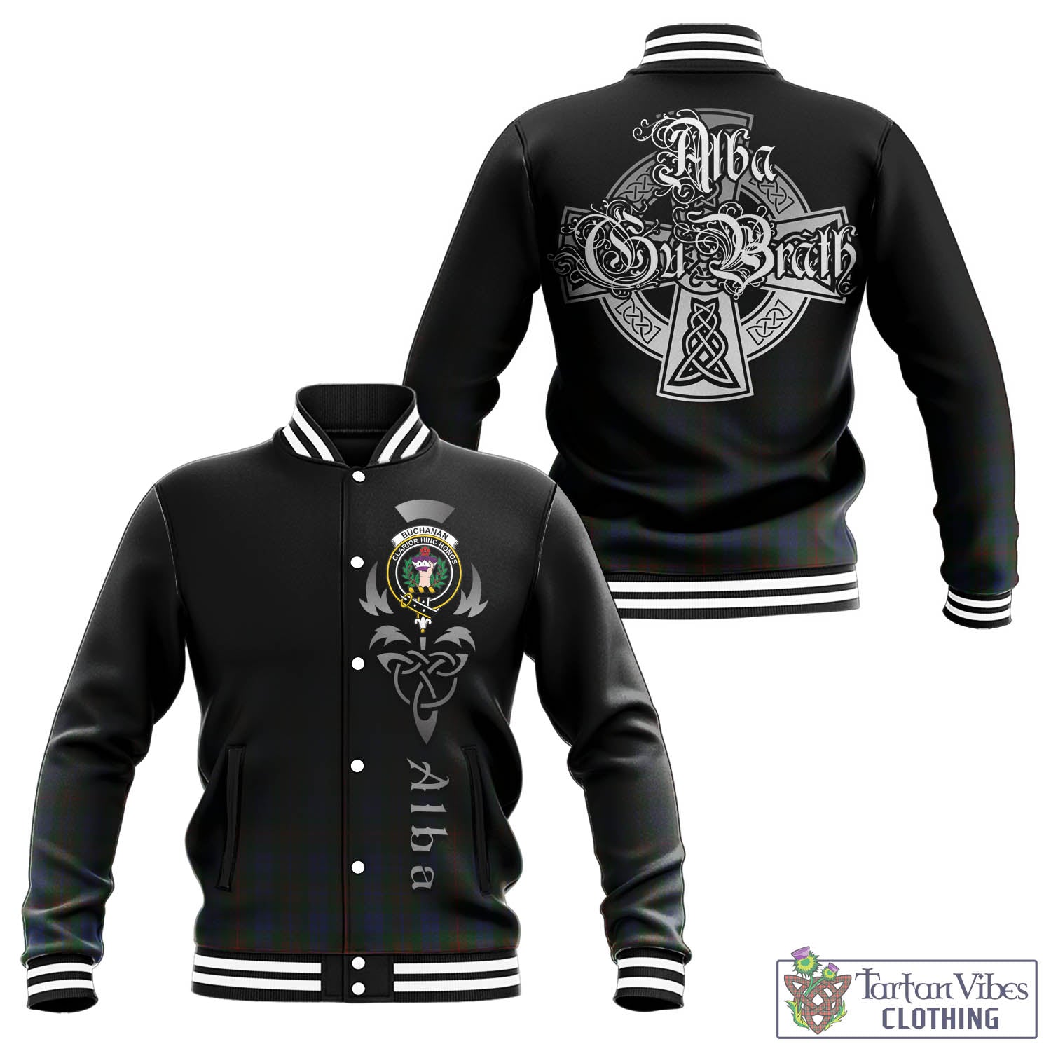 Tartan Vibes Clothing Buchanan Hunting Tartan Baseball Jacket Featuring Alba Gu Brath Family Crest Celtic Inspired