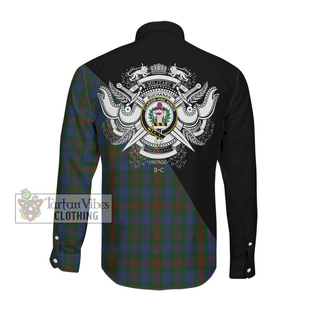 Buchanan Hunting Tartan Long Sleeve Button Shirt with Family Crest and Military Logo Style Men's Shirt - Tartanvibesclothing Shop