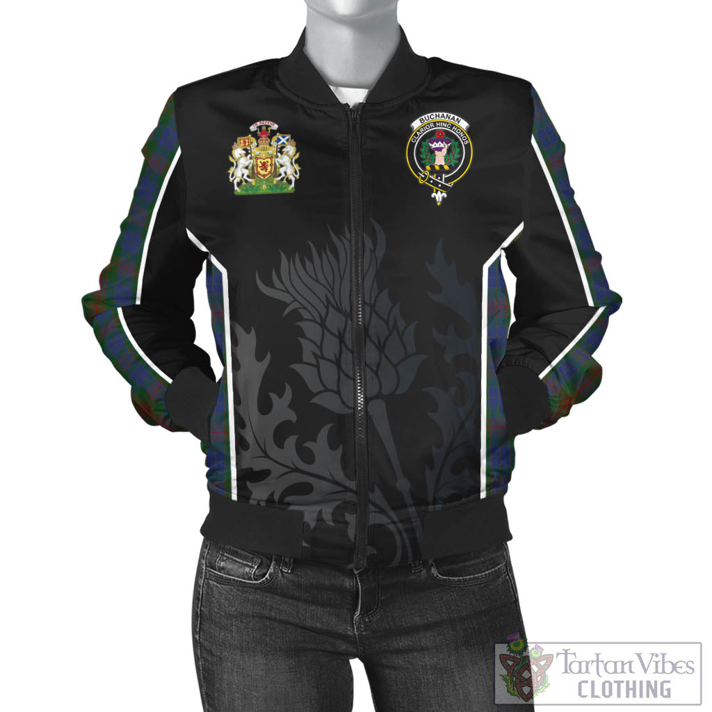 Tartan Vibes Clothing Buchanan Hunting Tartan Bomber Jacket with Family Crest and Scottish Thistle Vibes Sport Style