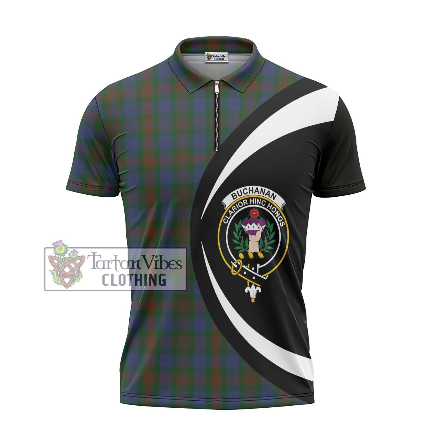 Tartan Vibes Clothing Buchanan Hunting Tartan Zipper Polo Shirt with Family Crest Circle Style