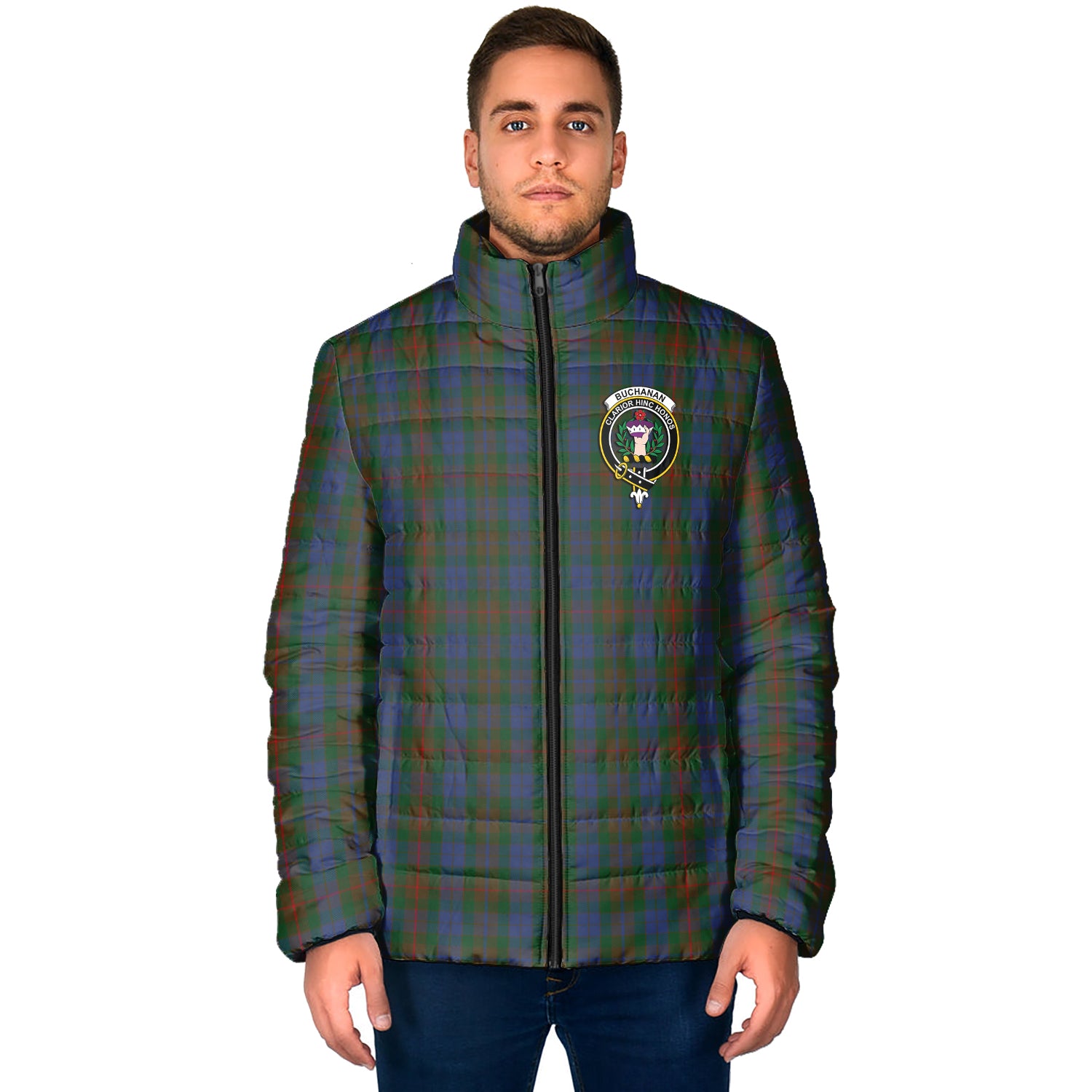 Buchanan Hunting Tartan Padded Jacket with Family Crest - Tartan Vibes Clothing