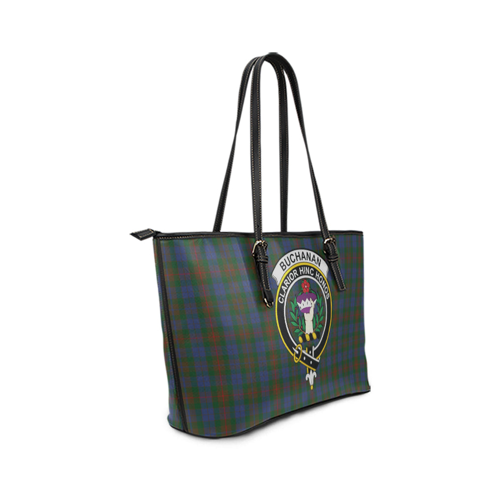 Buchanan Hunting Tartan Leather Tote Bag with Family Crest - Tartanvibesclothing