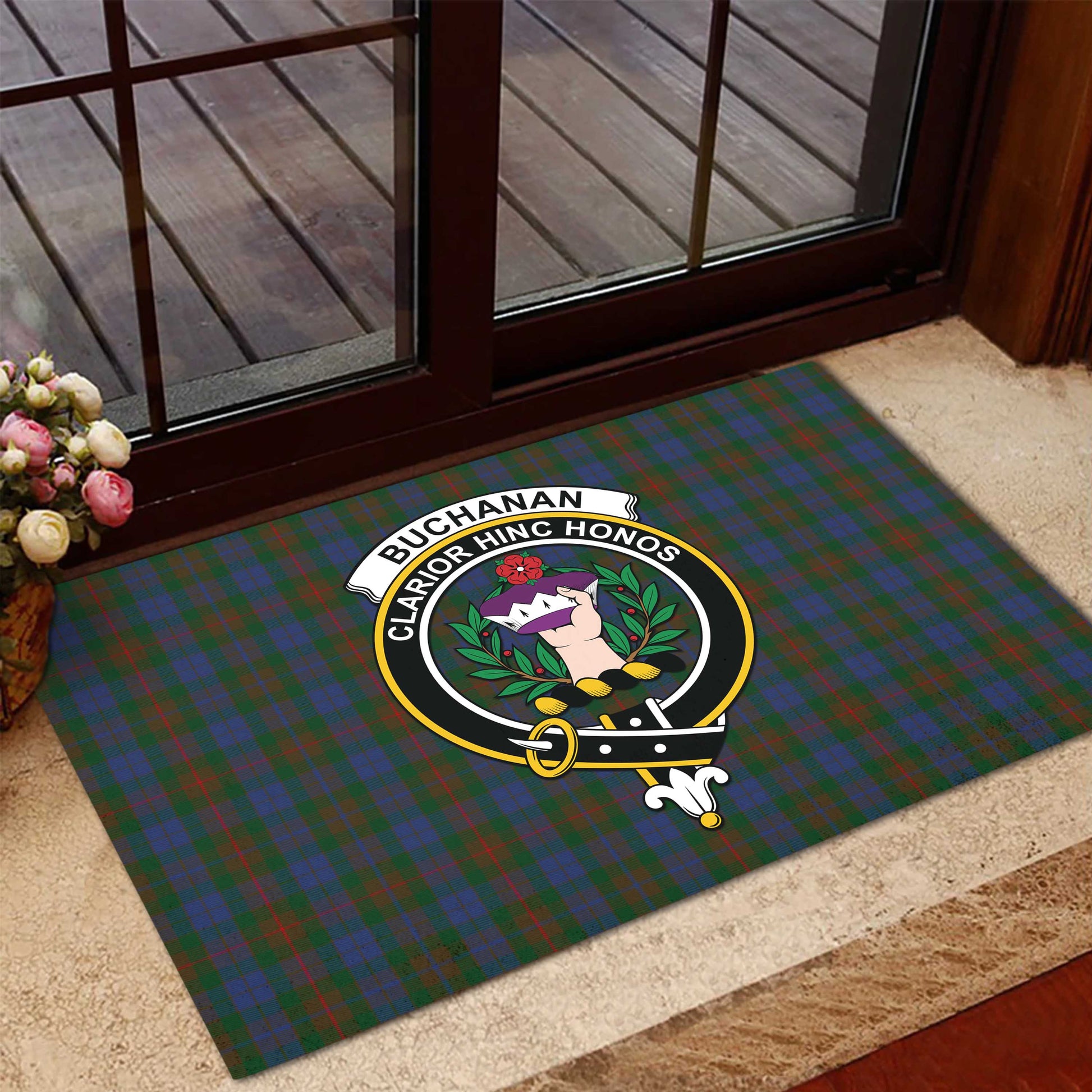 Buchanan Hunting Tartan Door Mat with Family Crest - Tartanvibesclothing