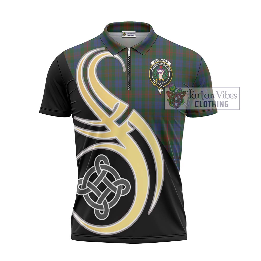 Tartan Vibes Clothing Buchanan Hunting Tartan Zipper Polo Shirt with Family Crest and Celtic Symbol Style