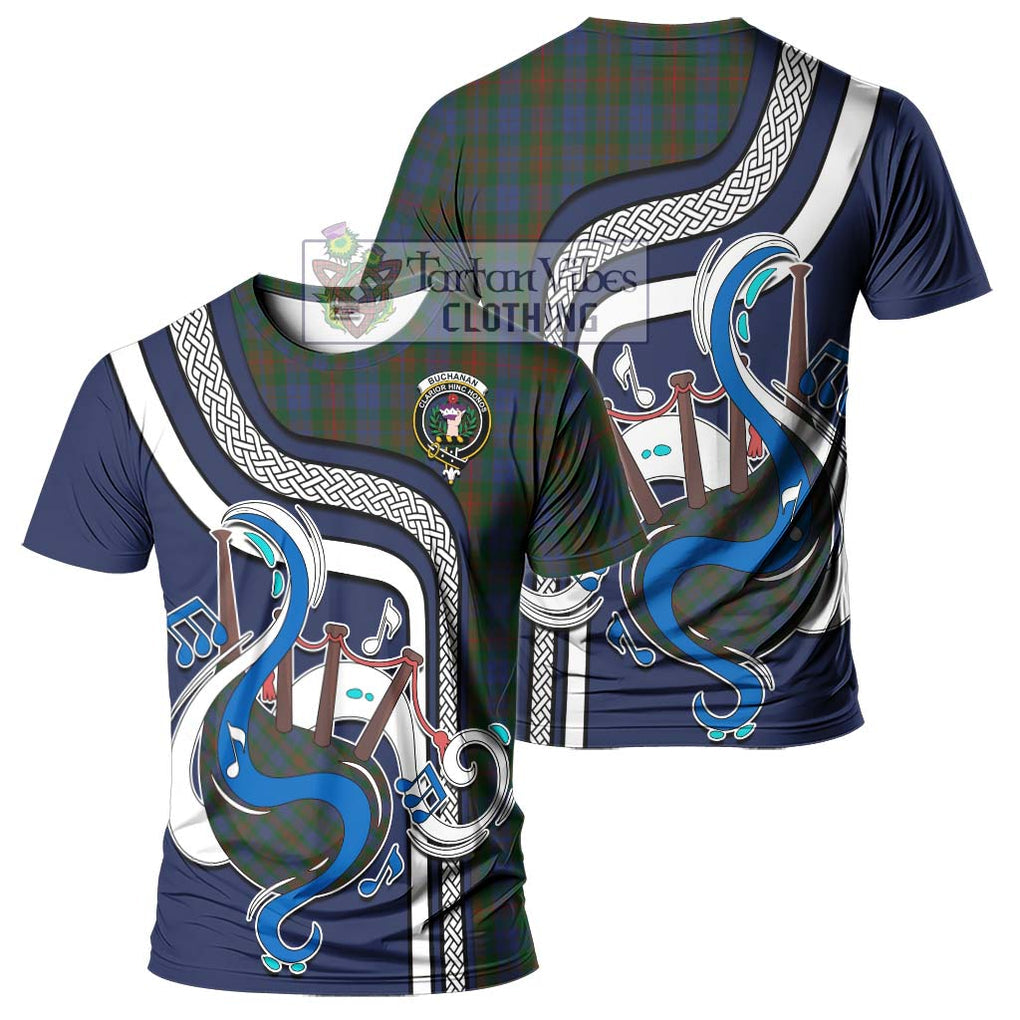 Buchanan Hunting Tartan T-Shirt with Epic Bagpipe Style - Tartanvibesclothing Shop