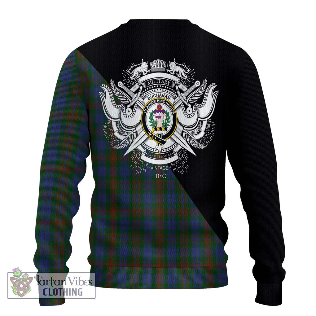 Buchanan Hunting Tartan Knitted Sweater with Family Crest and Military Logo Style - Tartanvibesclothing Shop