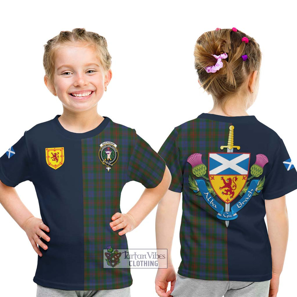 Tartan Vibes Clothing Buchanan Hunting Tartan Kid T-Shirt with Scottish Lion Royal Arm Half Style