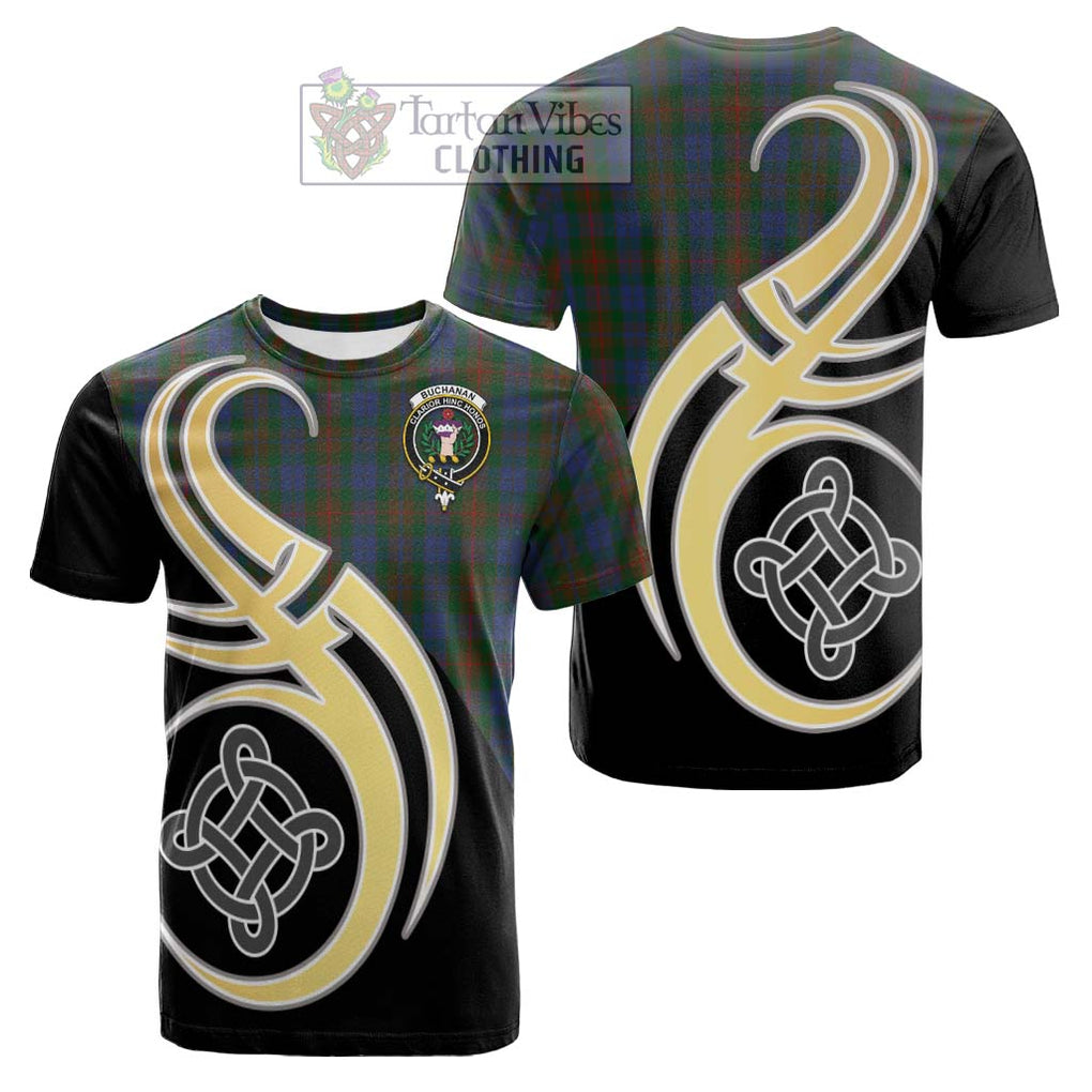 Tartan Vibes Clothing Buchanan Hunting Tartan Cotton T-shirt with Family Crest and Celtic Symbol Style