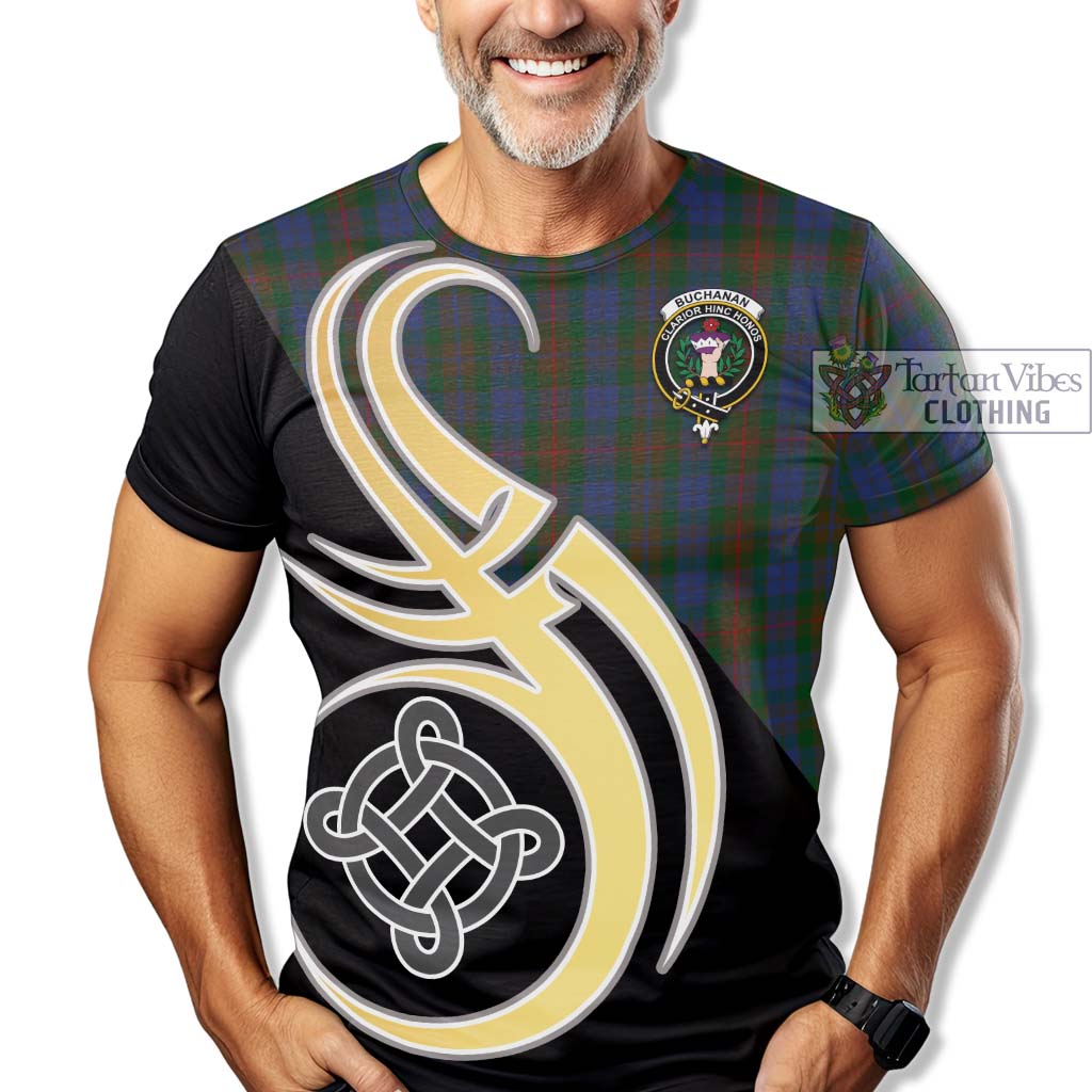 Tartan Vibes Clothing Buchanan Hunting Tartan T-Shirt with Family Crest and Celtic Symbol Style