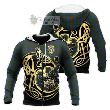 Buchanan Hunting Tartan Knitted Hoodie with Family Crest Celtic Wolf Style