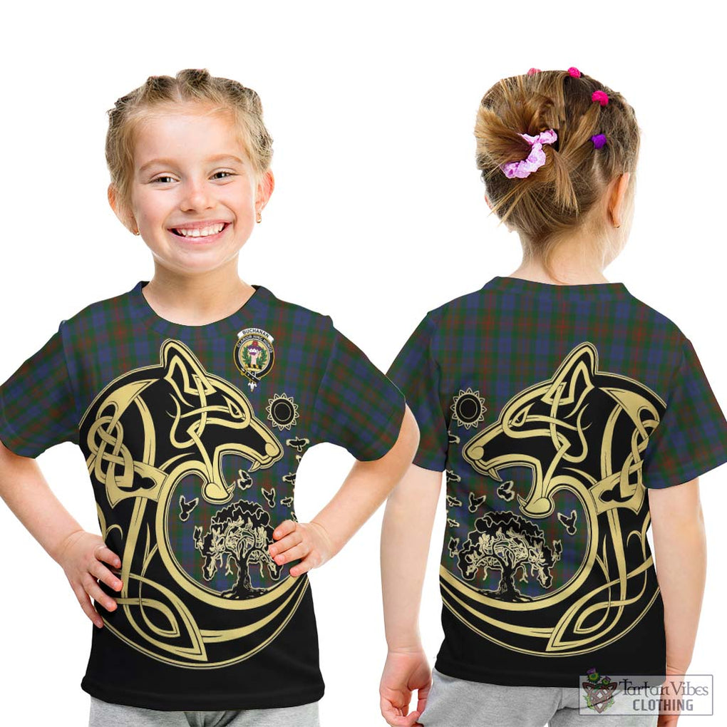 Buchanan Hunting Tartan Kid T-Shirt with Family Crest Celtic Wolf Style - Tartan Vibes Clothing