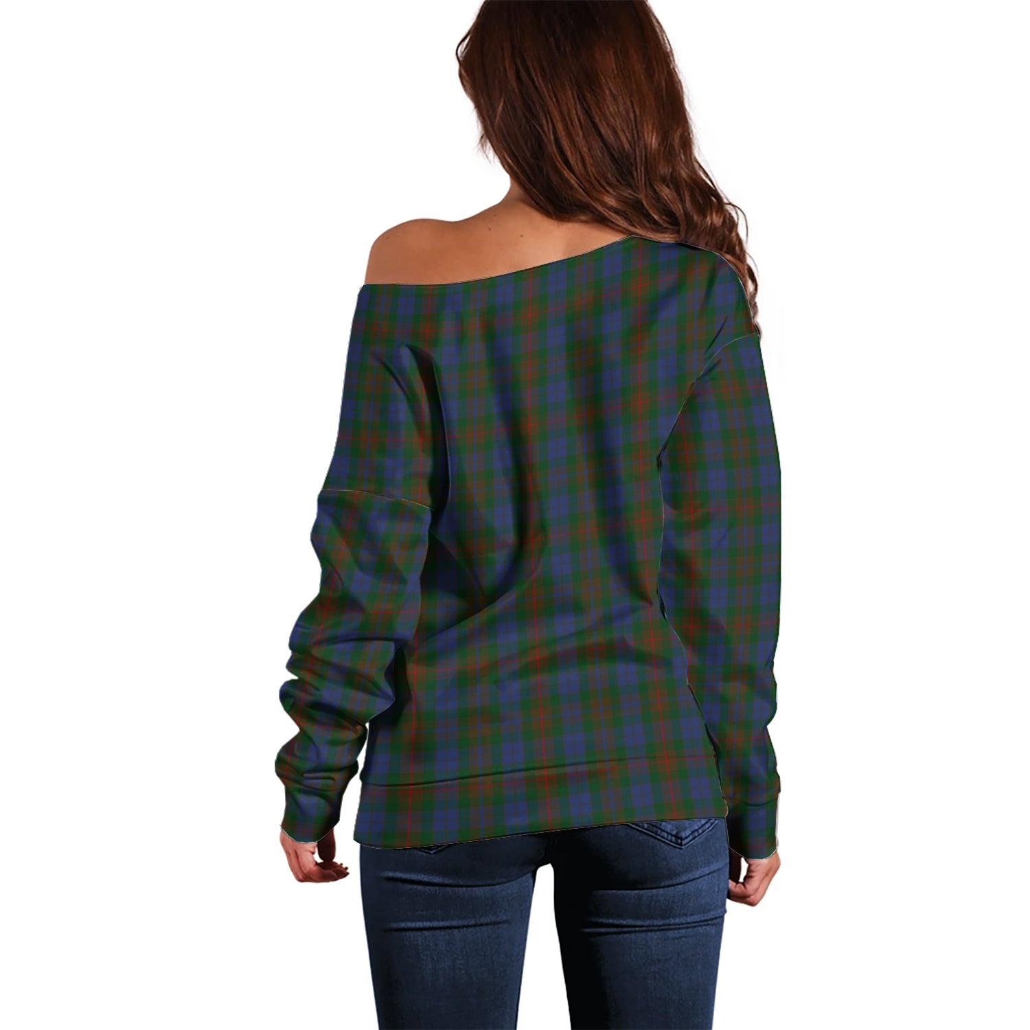 Buchanan Hunting Tartan Off Shoulder Women Sweater with Family Crest - Tartanvibesclothing