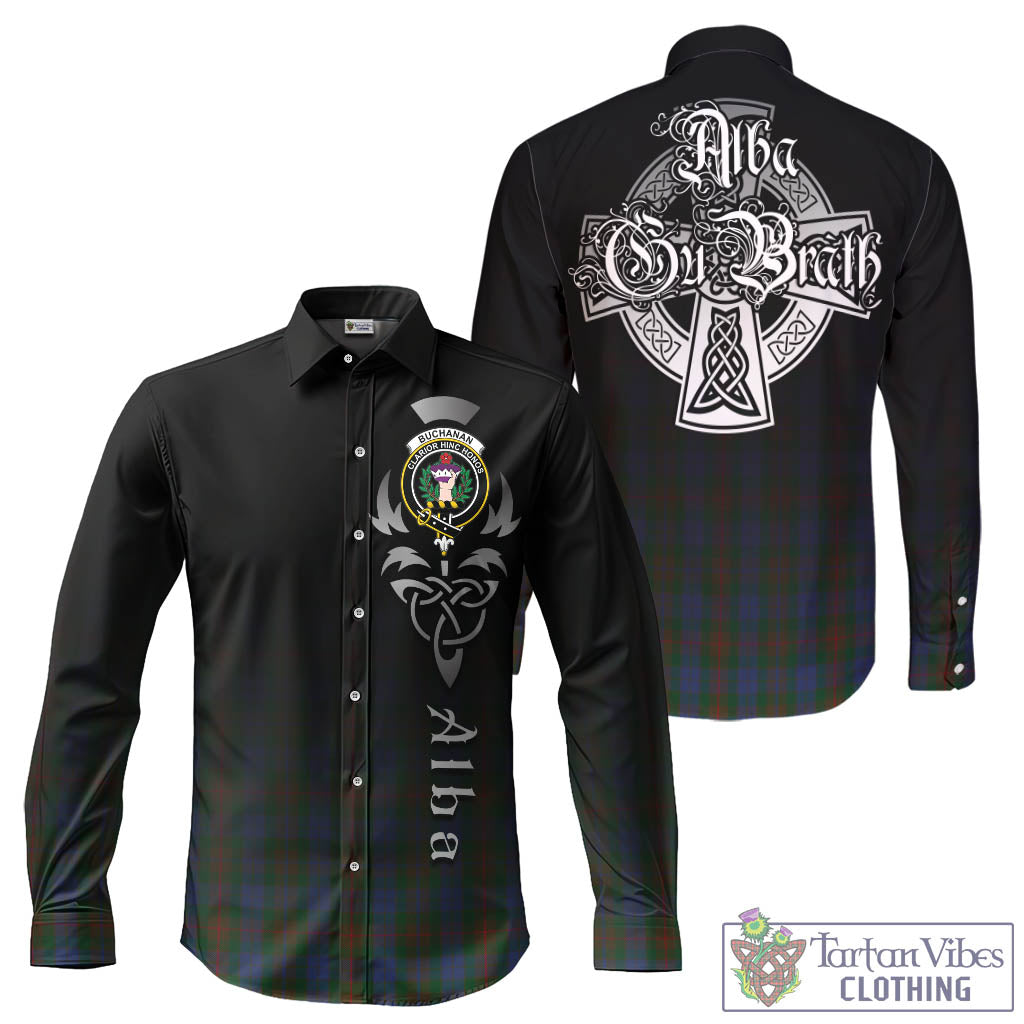 Tartan Vibes Clothing Buchanan Hunting Tartan Long Sleeve Button Up Featuring Alba Gu Brath Family Crest Celtic Inspired