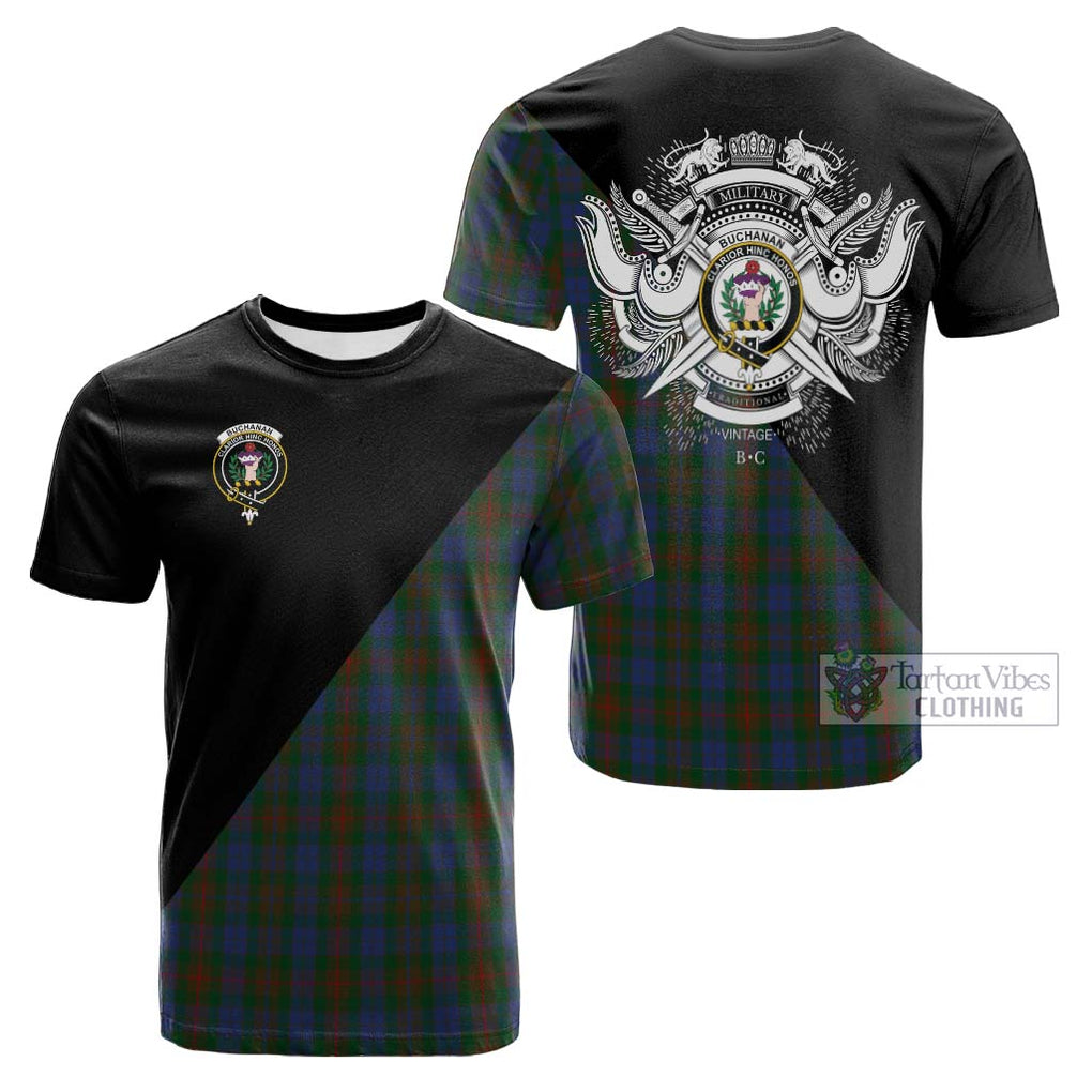 Tartan Vibes Clothing Buchanan Hunting Tartan Cotton T-shirt with Family Crest and Military Logo Style