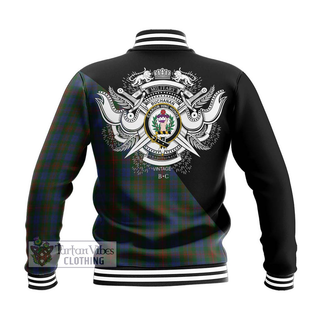 Buchanan Hunting Tartan Baseball Jacket with Family Crest and Military Logo Style - Tartanvibesclothing Shop