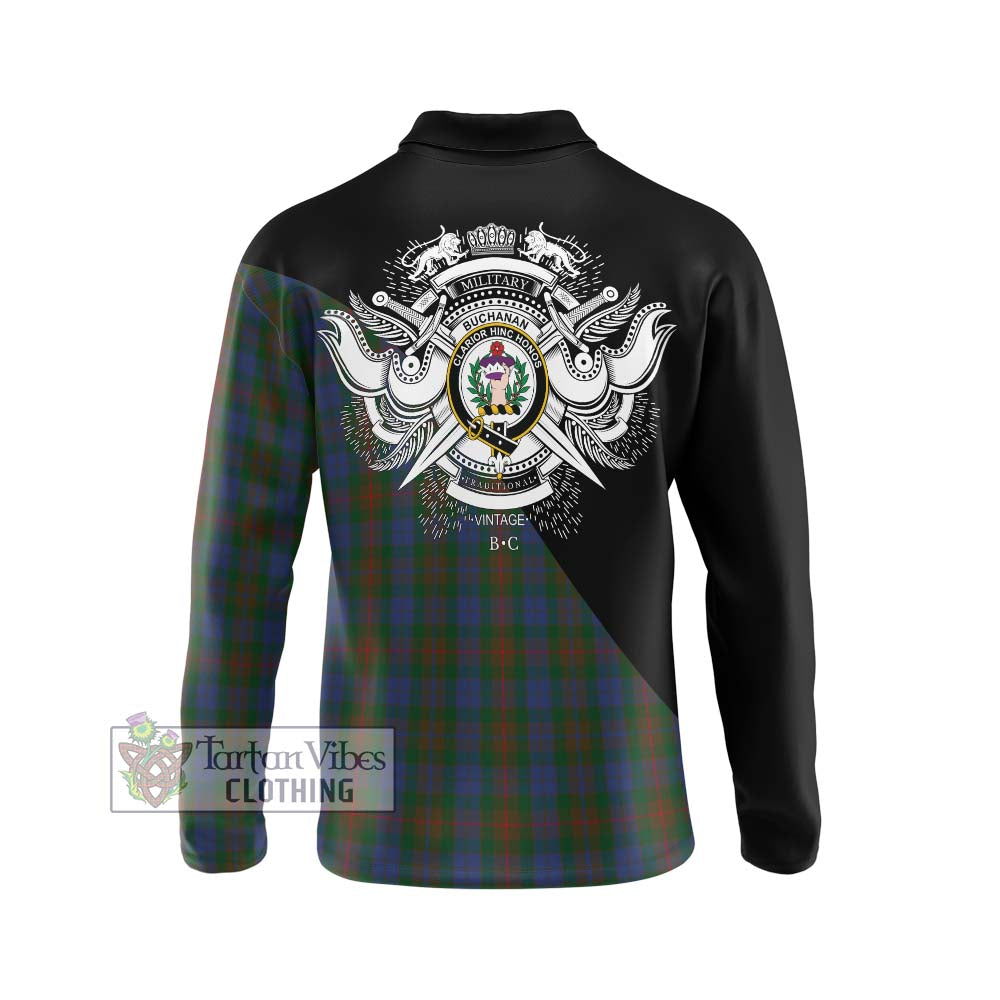 Buchanan Hunting Tartan Long Sleeve Polo Shirt with Family Crest and Military Logo Style - Tartanvibesclothing Shop