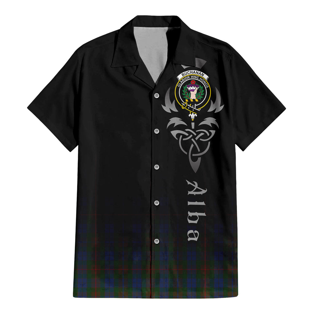 Tartan Vibes Clothing Buchanan Hunting Tartan Short Sleeve Button Up Featuring Alba Gu Brath Family Crest Celtic Inspired