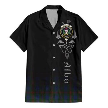 Buchanan Hunting Tartan Short Sleeve Button Up Shirt Featuring Alba Gu Brath Family Crest Celtic Inspired