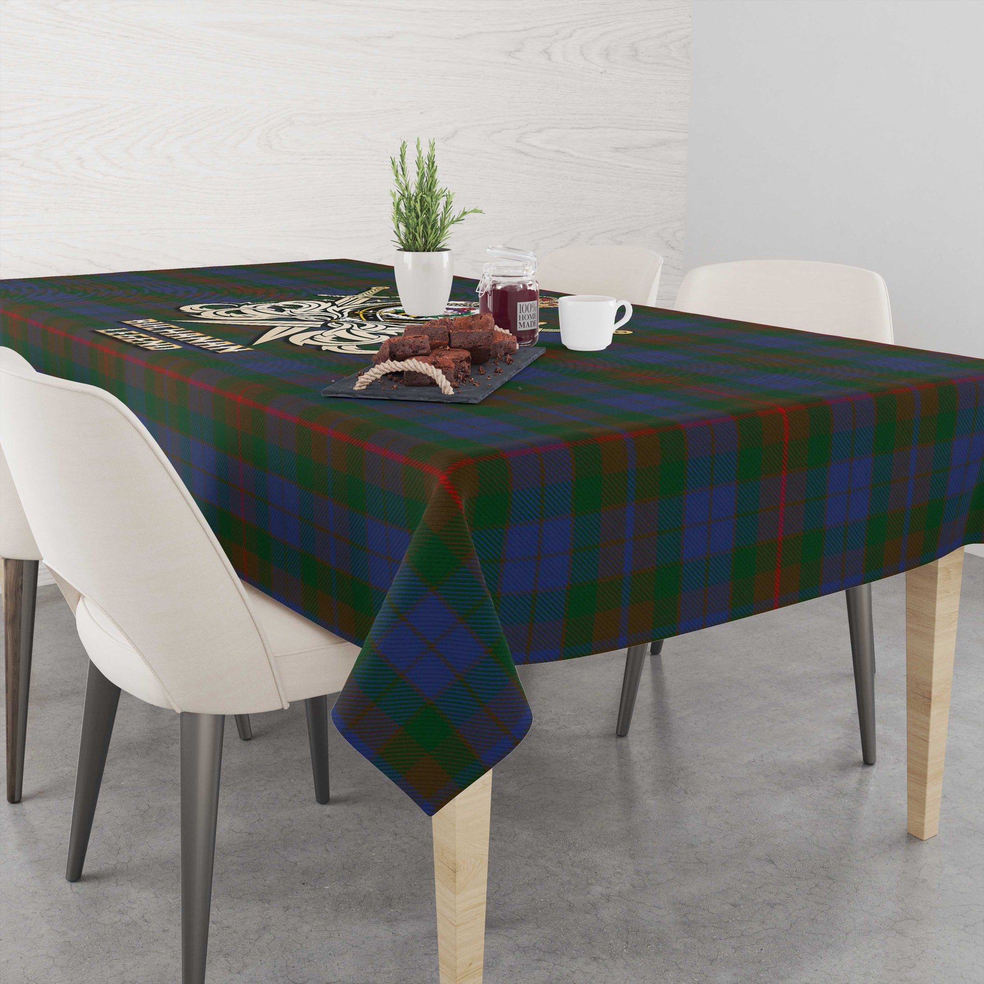 Tartan Vibes Clothing Buchanan Hunting Tartan Tablecloth with Clan Crest and the Golden Sword of Courageous Legacy