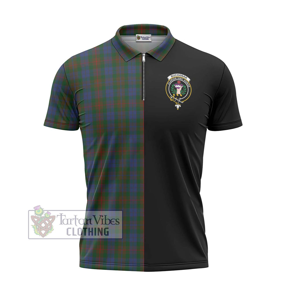 Buchanan Hunting Tartan Zipper Polo Shirt with Family Crest and Half Of Me Style - Tartanvibesclothing Shop