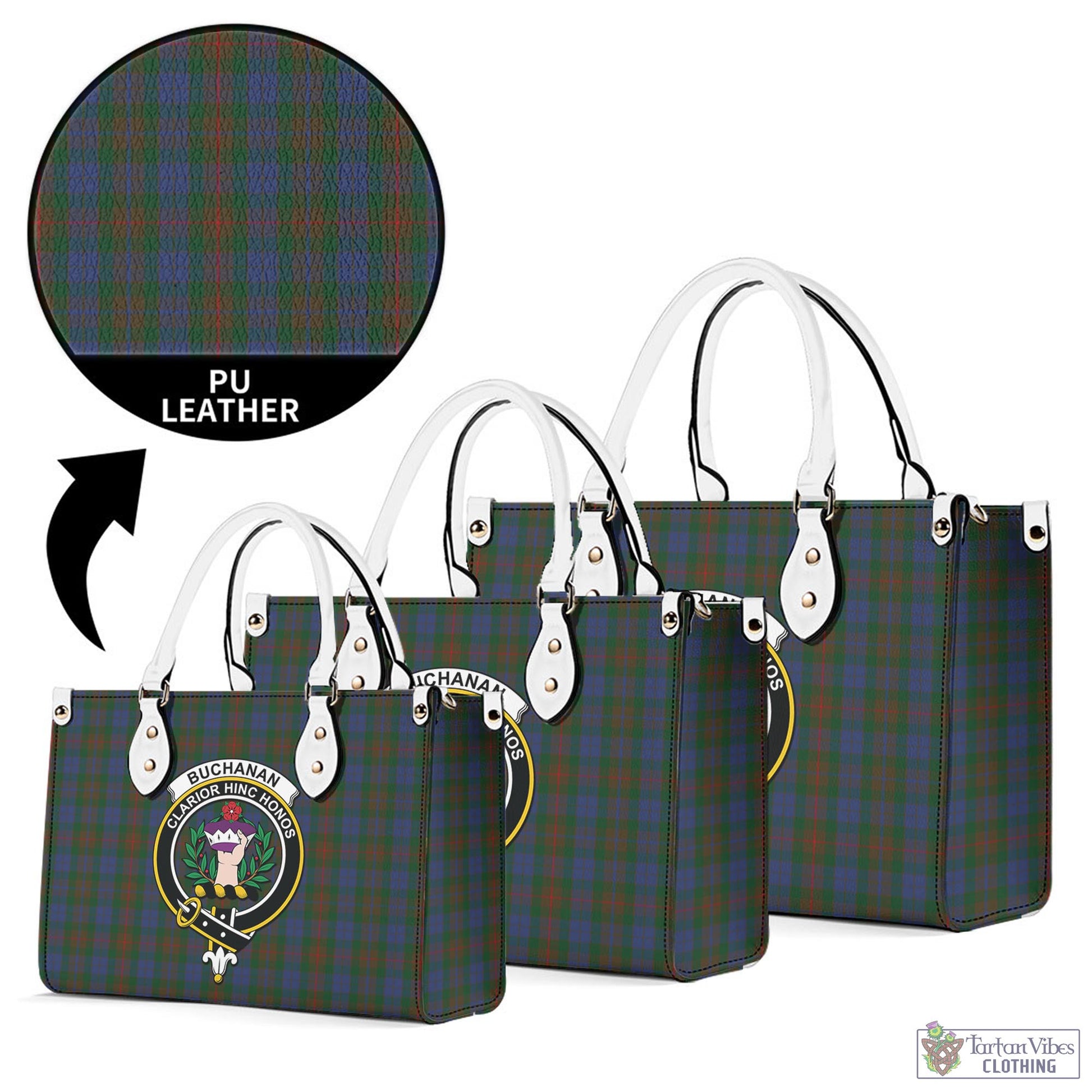 Tartan Vibes Clothing Buchanan Hunting Tartan Luxury Leather Handbags with Family Crest