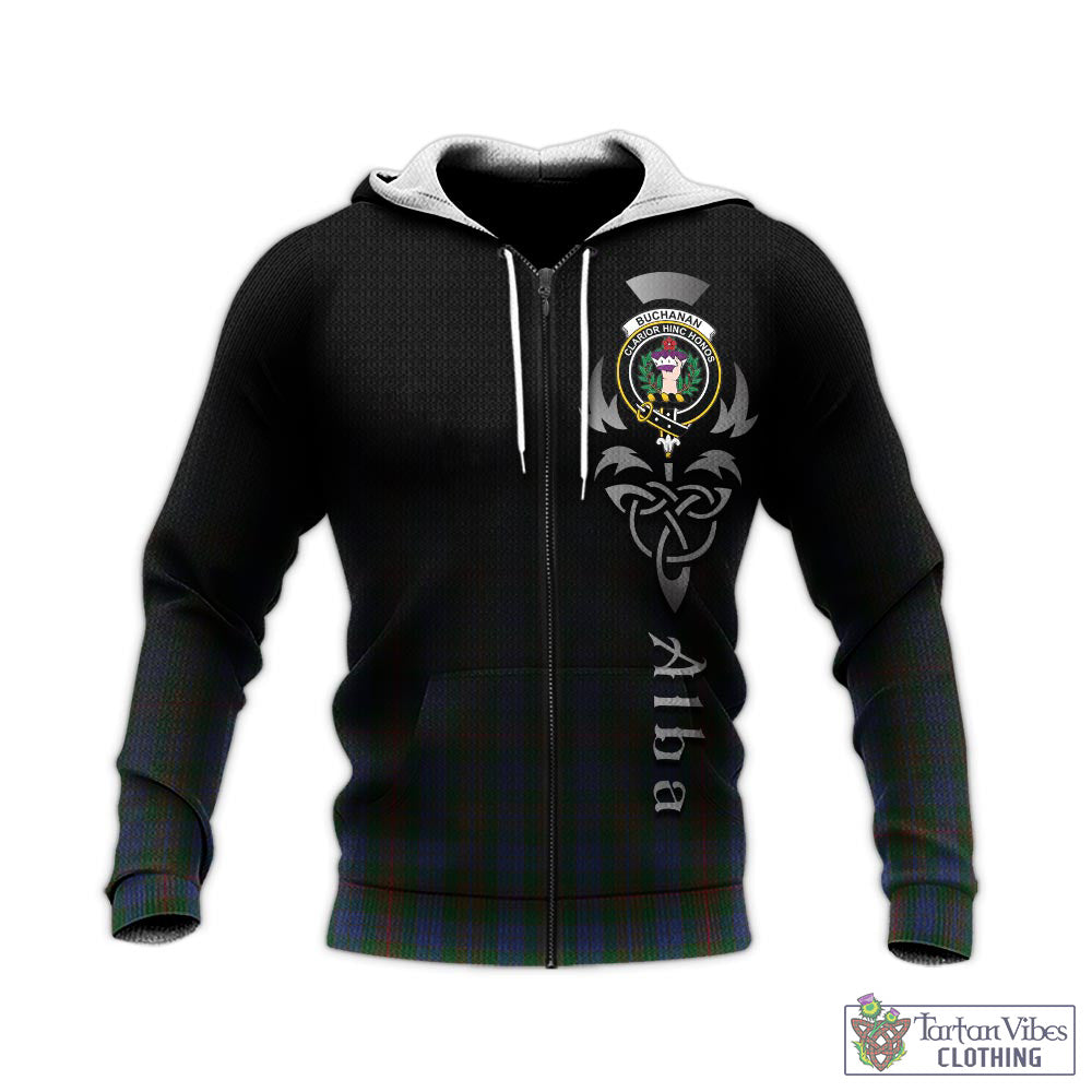 Tartan Vibes Clothing Buchanan Hunting Tartan Knitted Hoodie Featuring Alba Gu Brath Family Crest Celtic Inspired