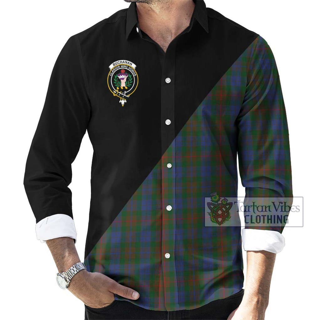 Buchanan Hunting Tartan Long Sleeve Button Shirt with Family Crest and Military Logo Style - Tartanvibesclothing Shop