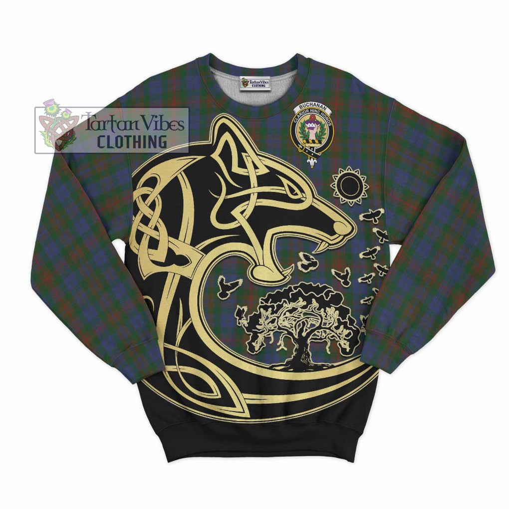 Buchanan Hunting Tartan Sweatshirt with Family Crest Celtic Wolf Style - Tartan Vibes Clothing